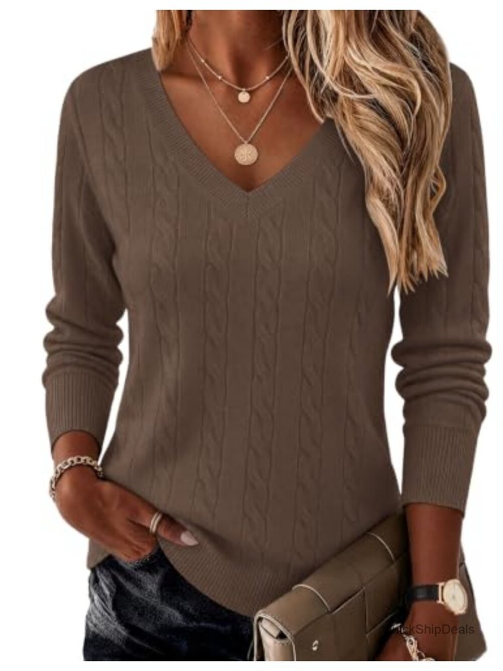 Women's Cable Knit V-Neck Sweater Long Sleeve Lightweight Fall Top